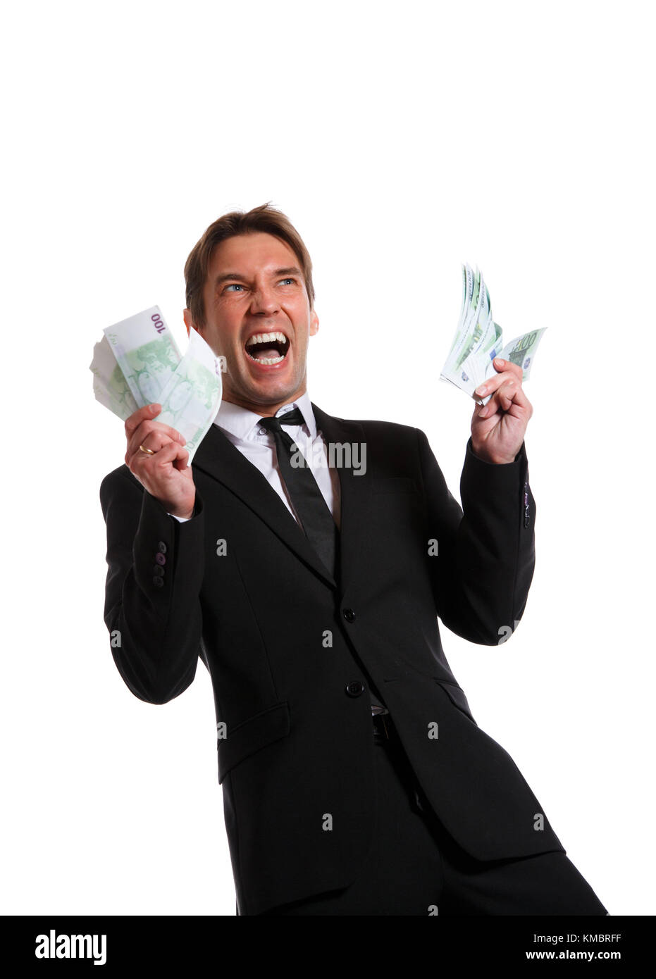 Image of happy businessman in suit with euro at hands Stock Photo - Alamy