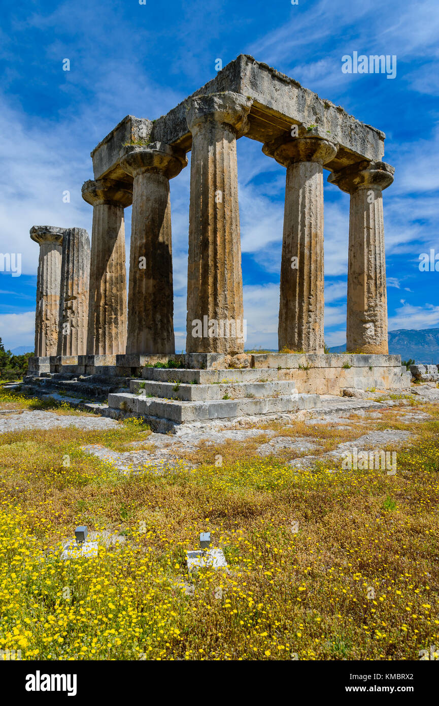 The ruins of the Apollo Temple in ancient Corinth, Greece Stock Photo