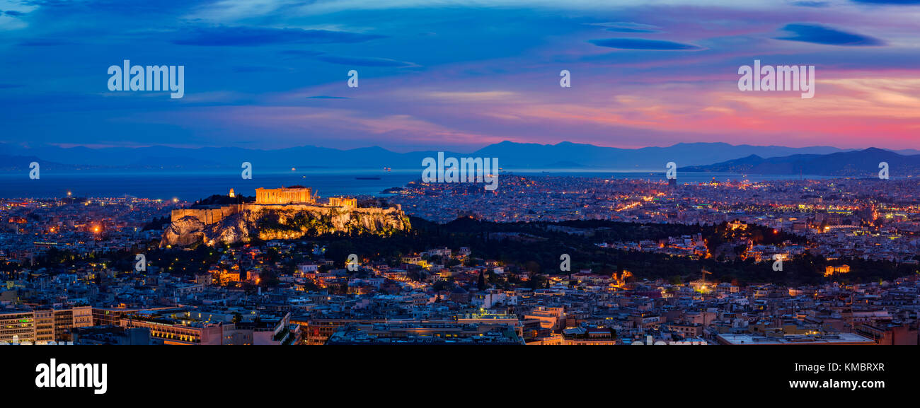 Panorama cityscape with the capital city of Athens in Greece, at night Stock Photo