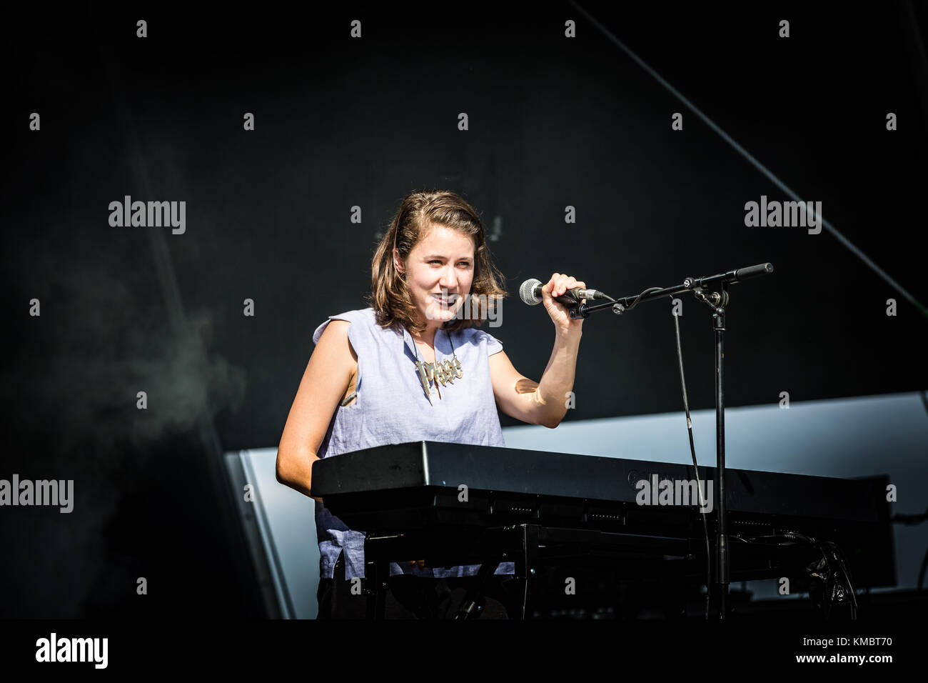 The German indie pop band Schnipo Schranke performs a live concert at the German  music festival Open Source Festival 2016 in Düsseldorf. The band consists  of the two musicians and singers Daniela