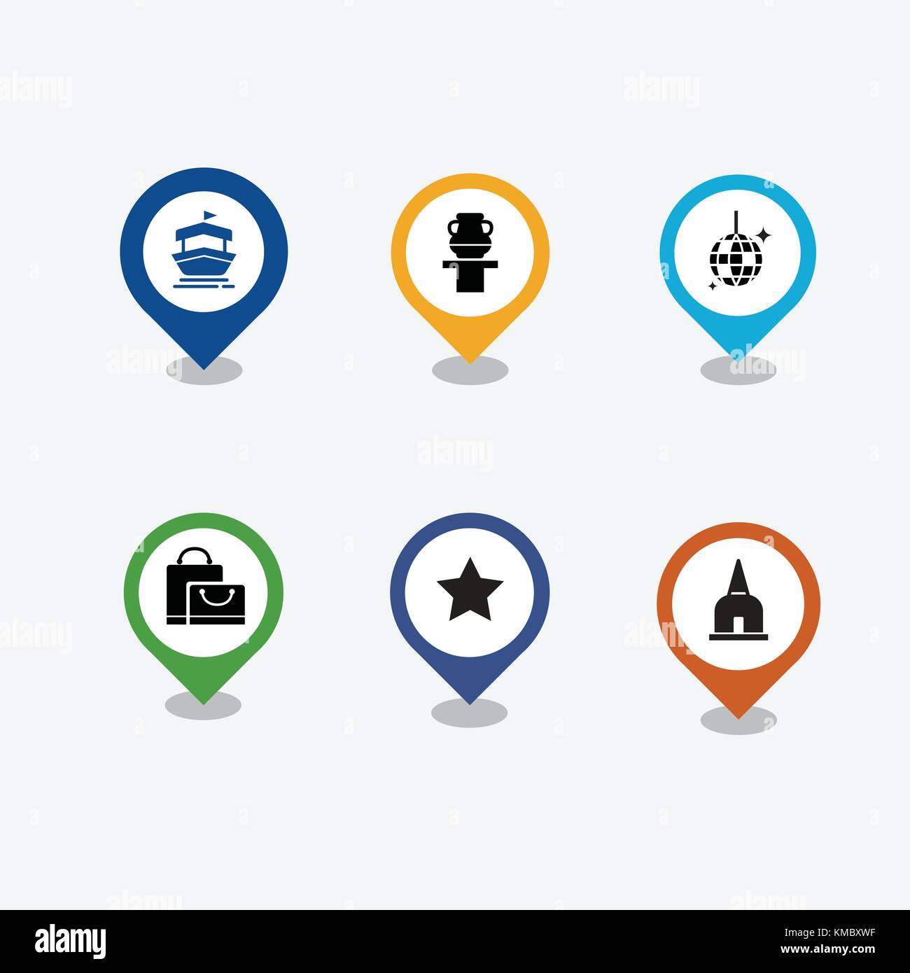 Pin with icons set of travel vector.Temple , star , disco , bag , museum and boat pin icons vector. Stock Vector