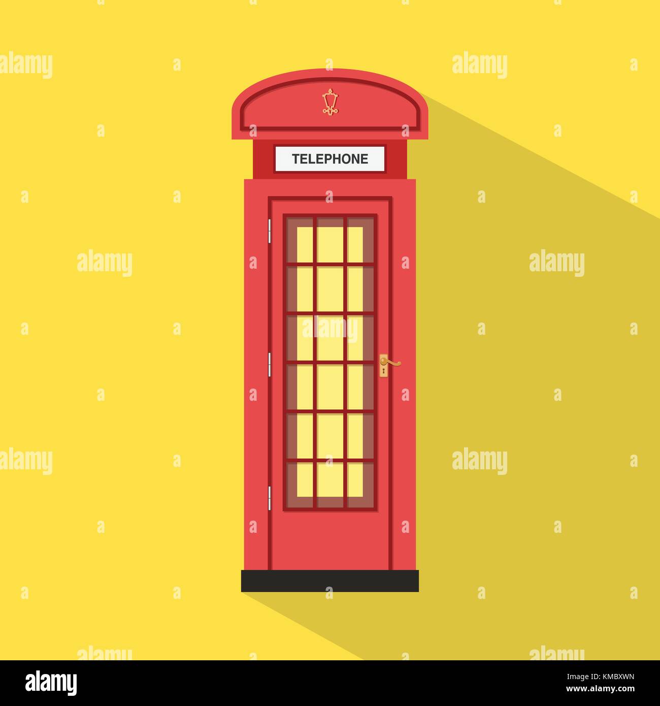Flat red pay phone with yellow background and long shadow vector.Red English telephone.Classic pay phone vector Stock Vector
