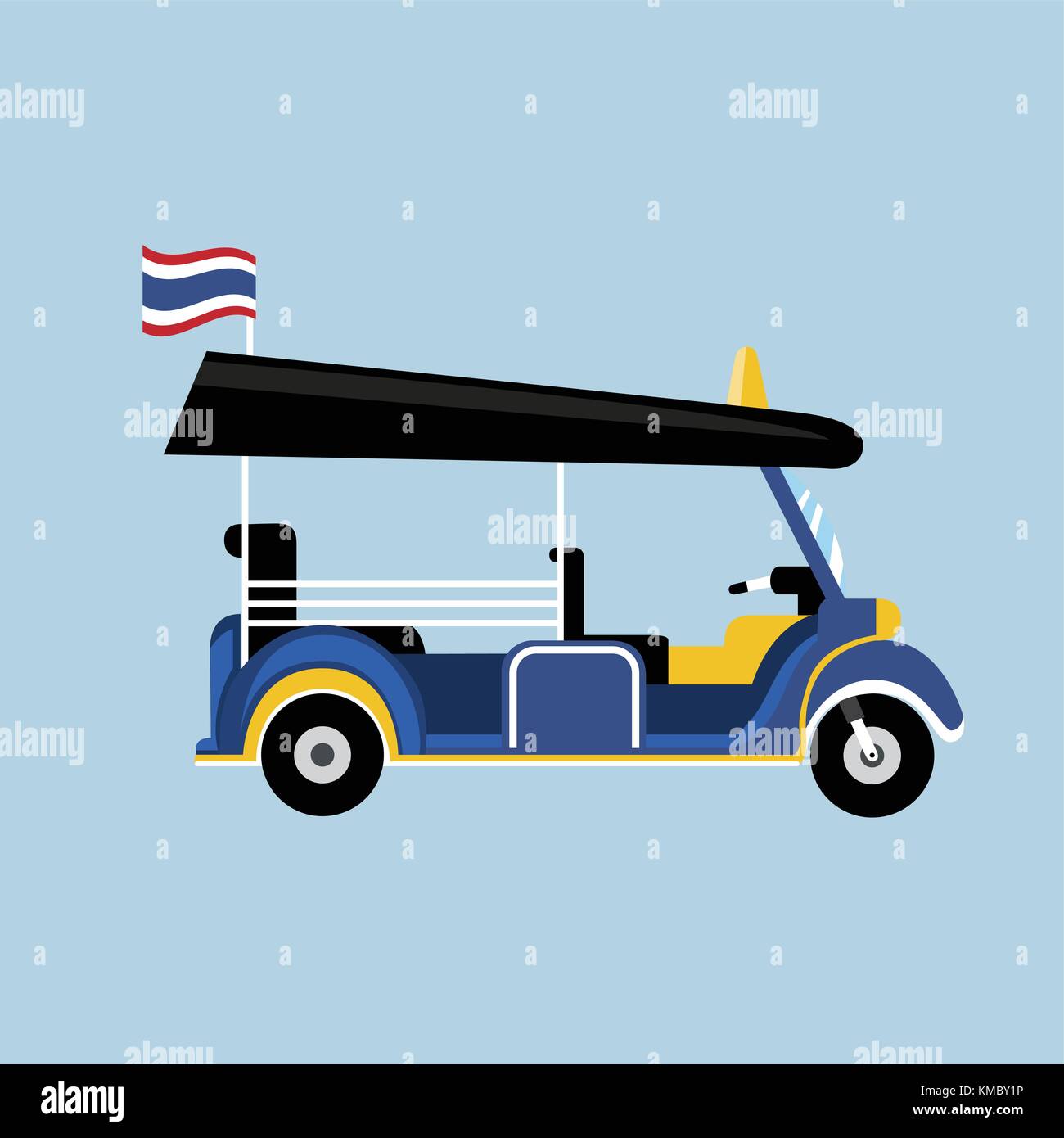 Flat Tuk tuk in Thailand vector with Thai flag and isolated background.Thai taxi vector Stock Vector