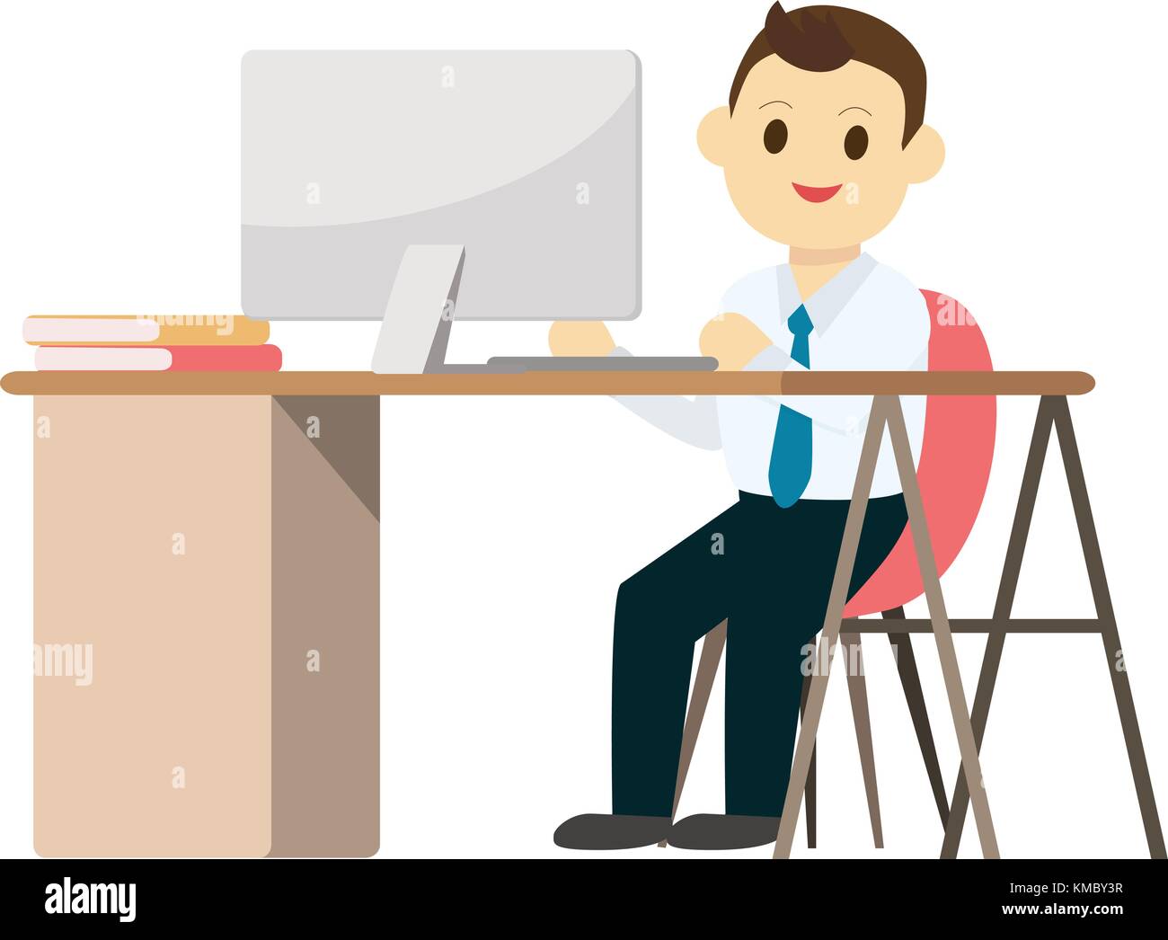 Young business man working on desk with computer and isolated white background.Vector illustration. Stock Vector
