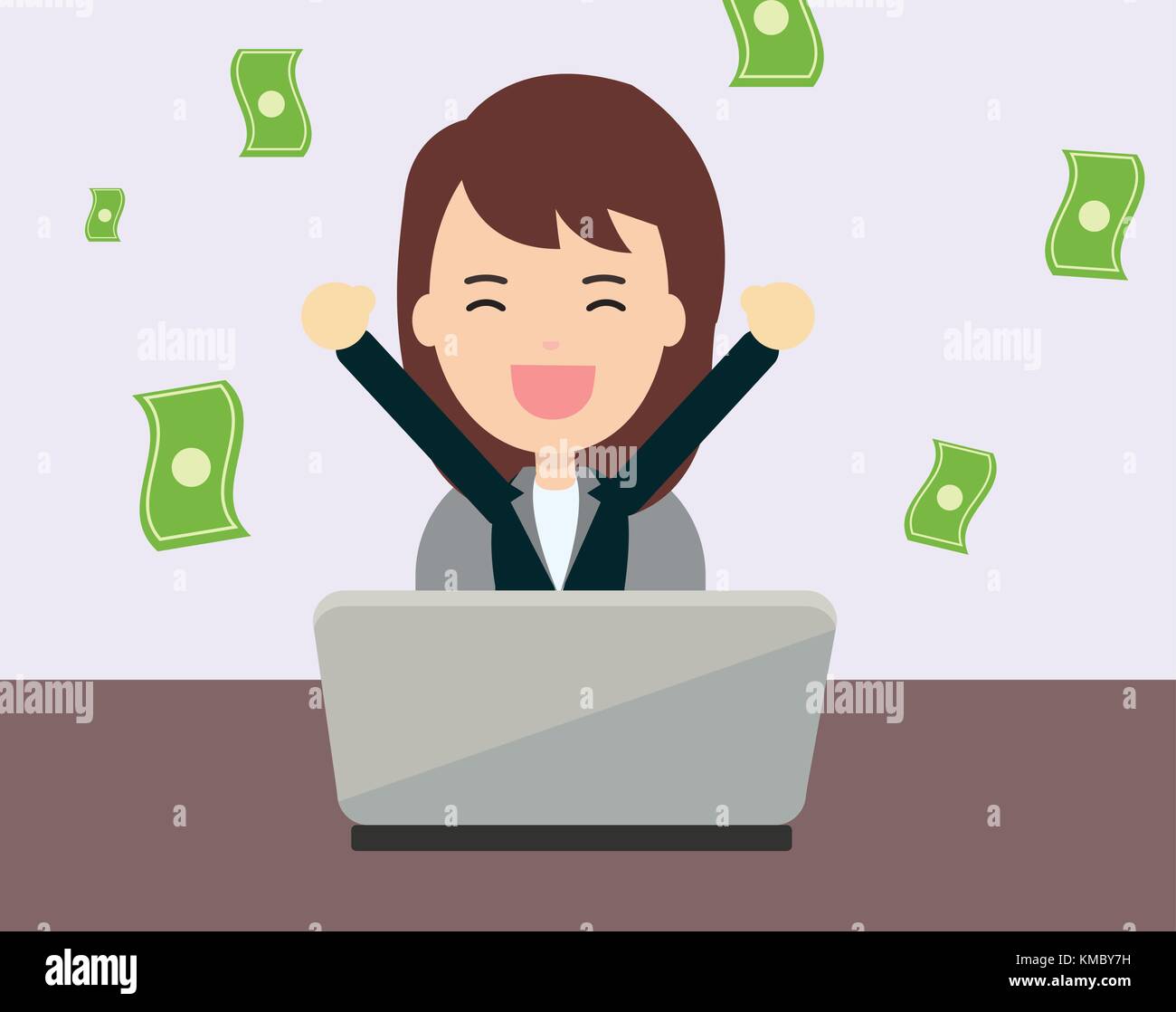 Businesswoman glad to earning money from online business with laptop on table.Vector and illustration Stock Vector