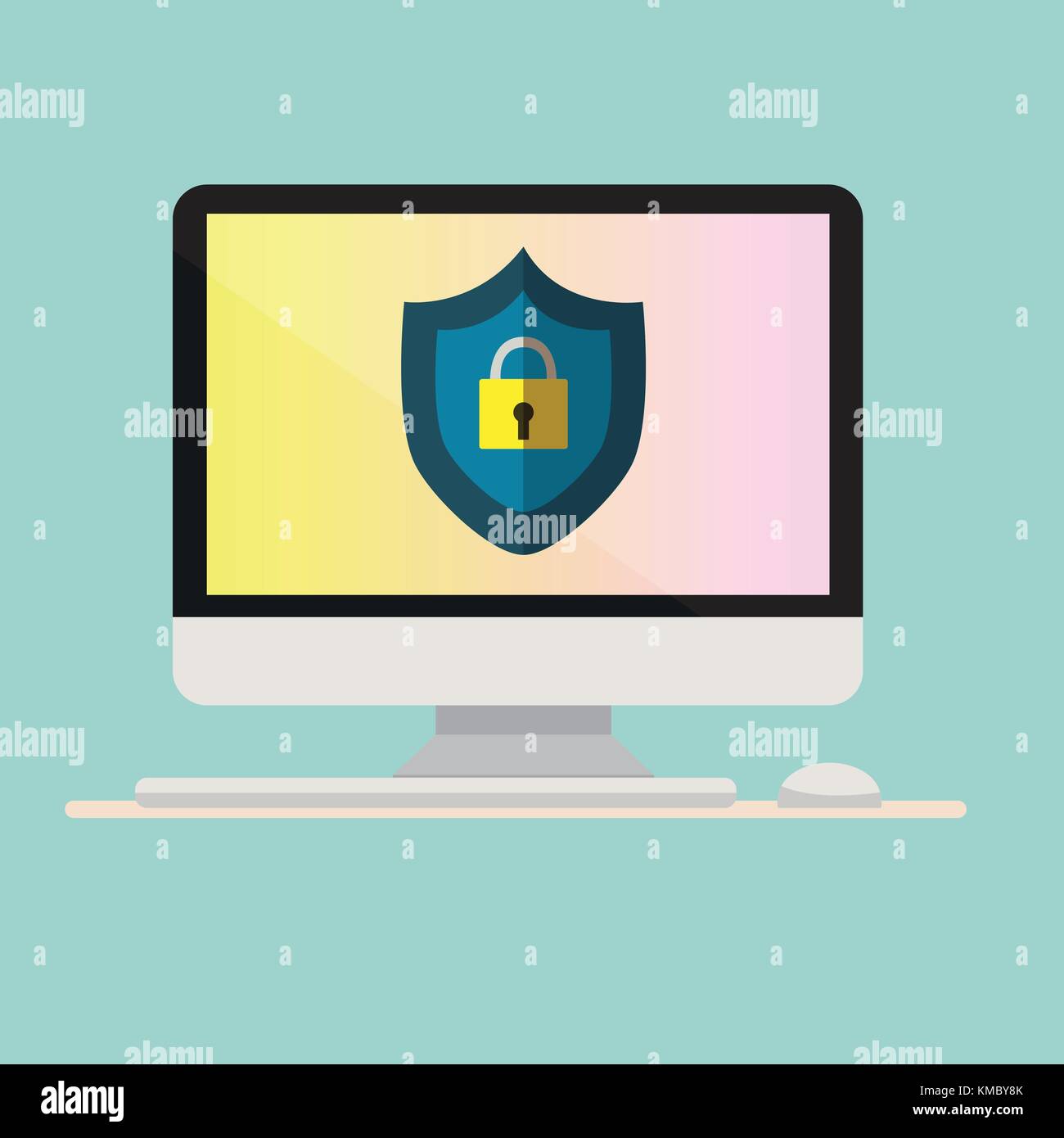 Computer with Protection icon on screen.Computer with keyboard and mouse.Security online concept.Vector illustration Stock Vector