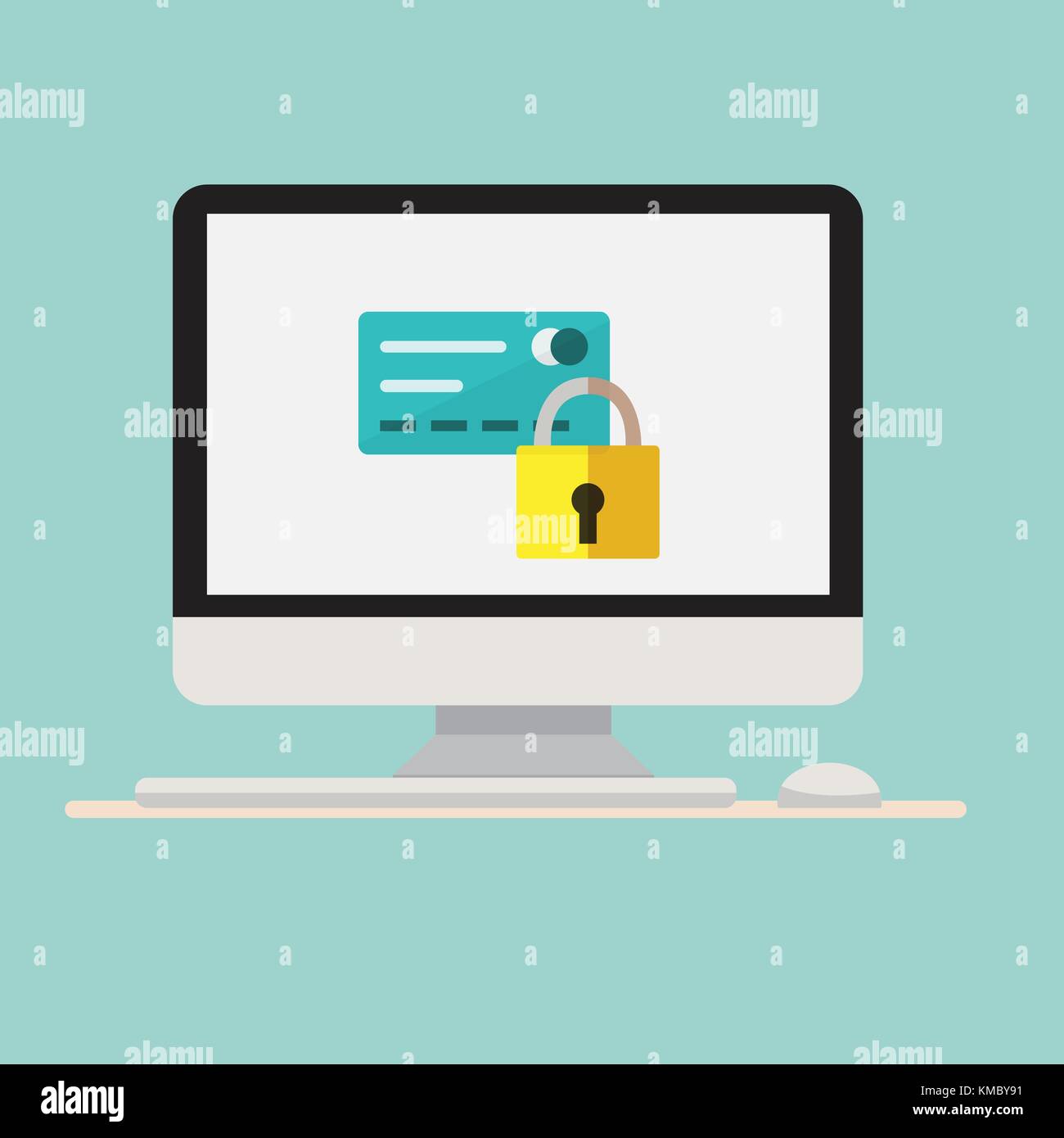 Computer with lock and credit card icon on with