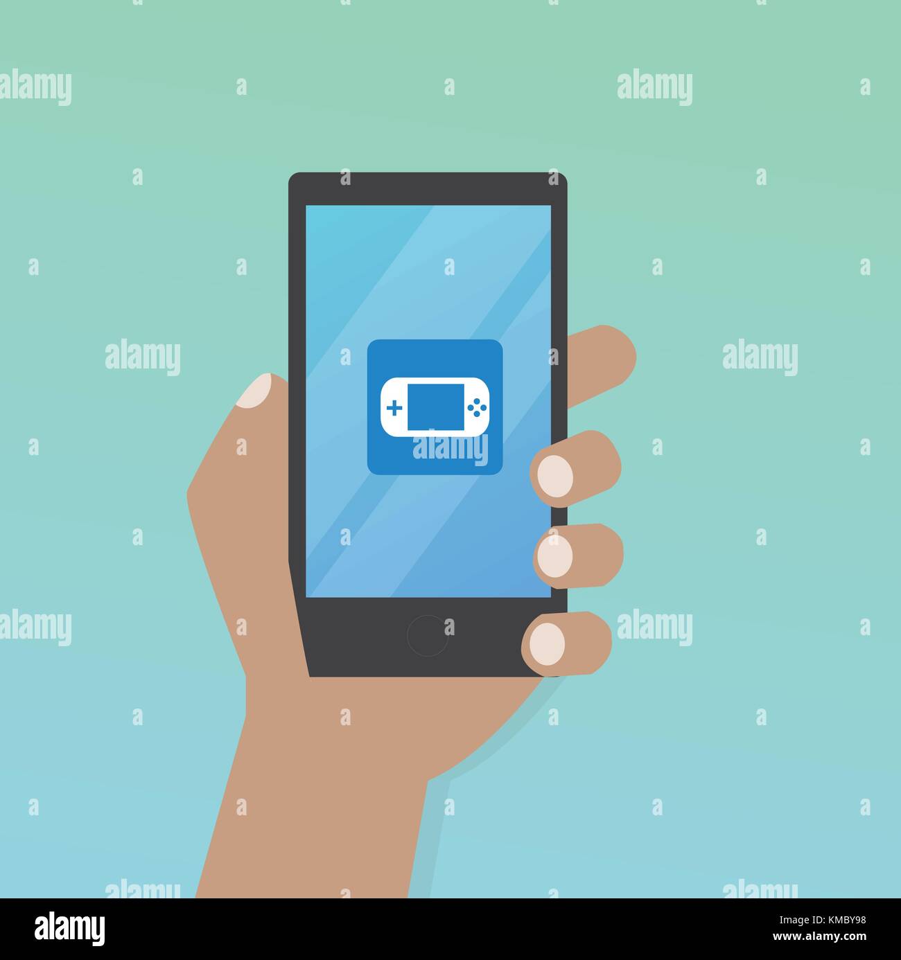 Hand with game icon on mobile phone vector illustration, Hand hold smart phone screen with gaming application Stock Vector