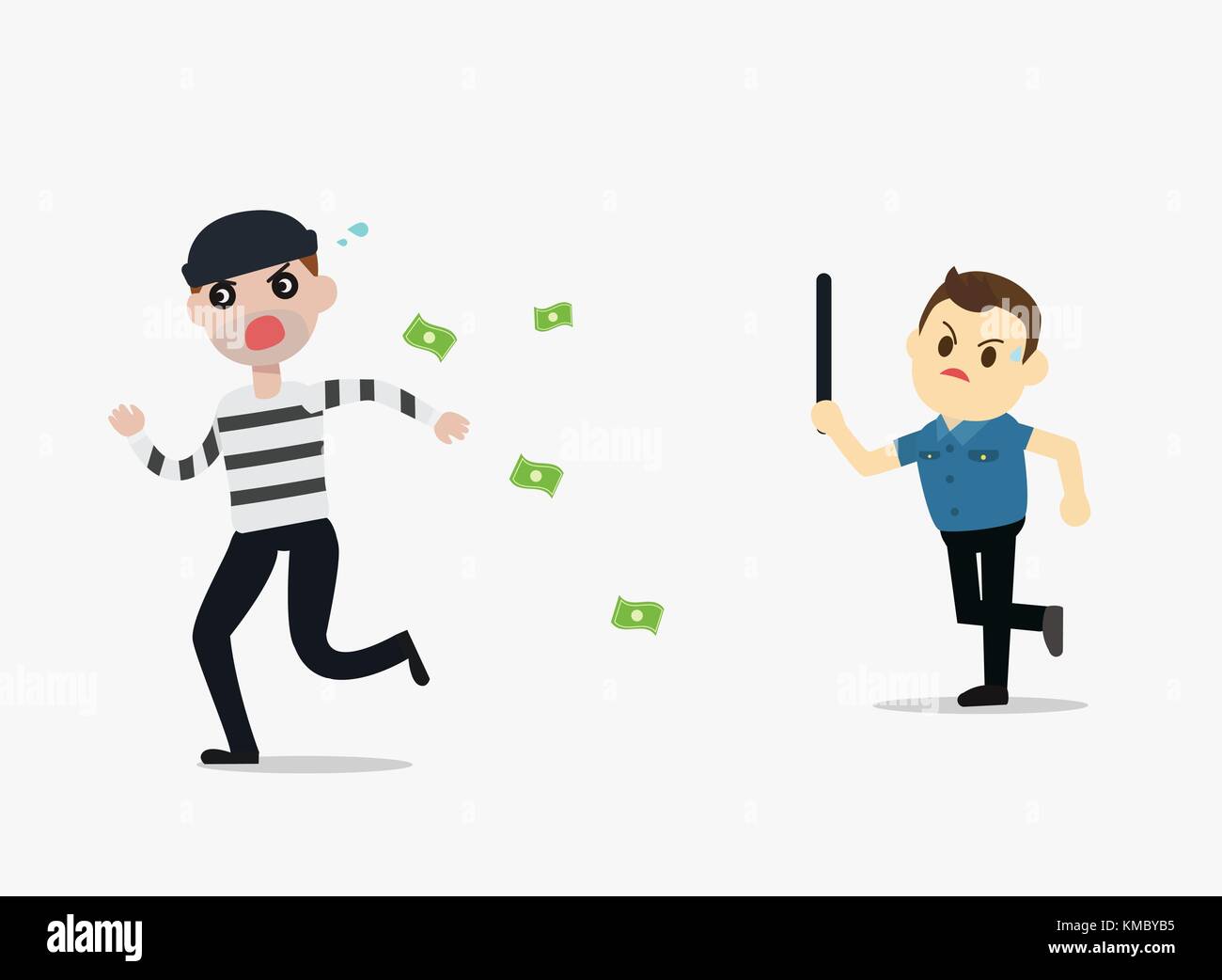 Police man running chasing thief escaping with stolen money vector illustration Stock Vector