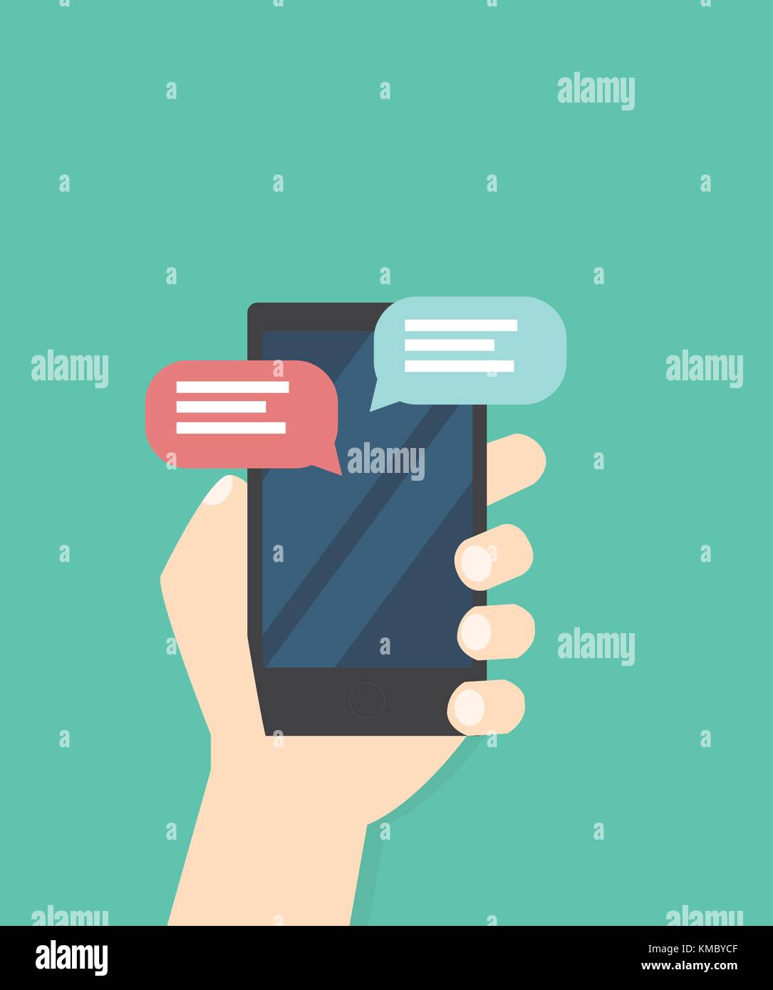 Hand with phone chat message vector illustration isolated on color background.concept of online talking, speak, conversation Stock Vector