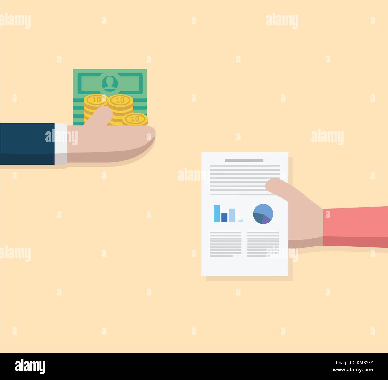Business hand exchange money and person hand giving data paper. Trading vector illustration Stock Vector