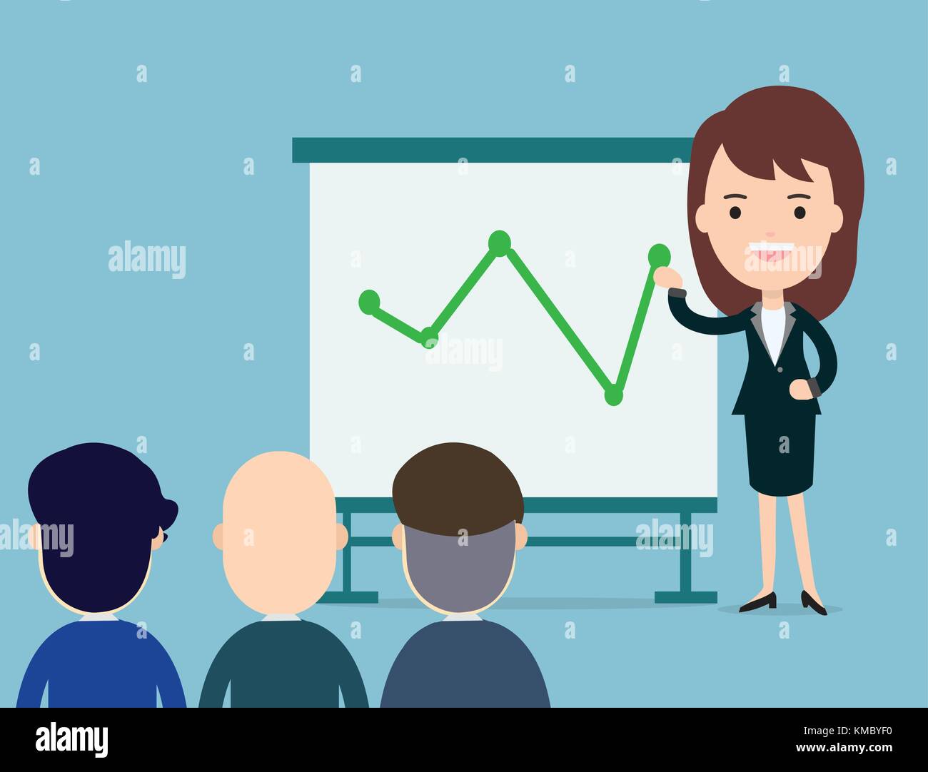 Business woman presents with board in seminar. Group office employee meeting on a management ,teamwork training. Flat cartoon vector illustration. Stock Vector