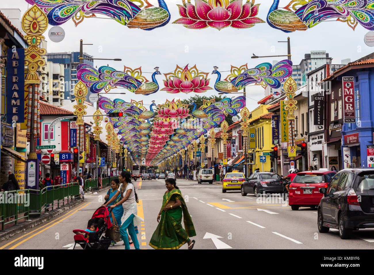 Deepavali decorations on Serangoon Road, Little India, Singapore Stock Photo