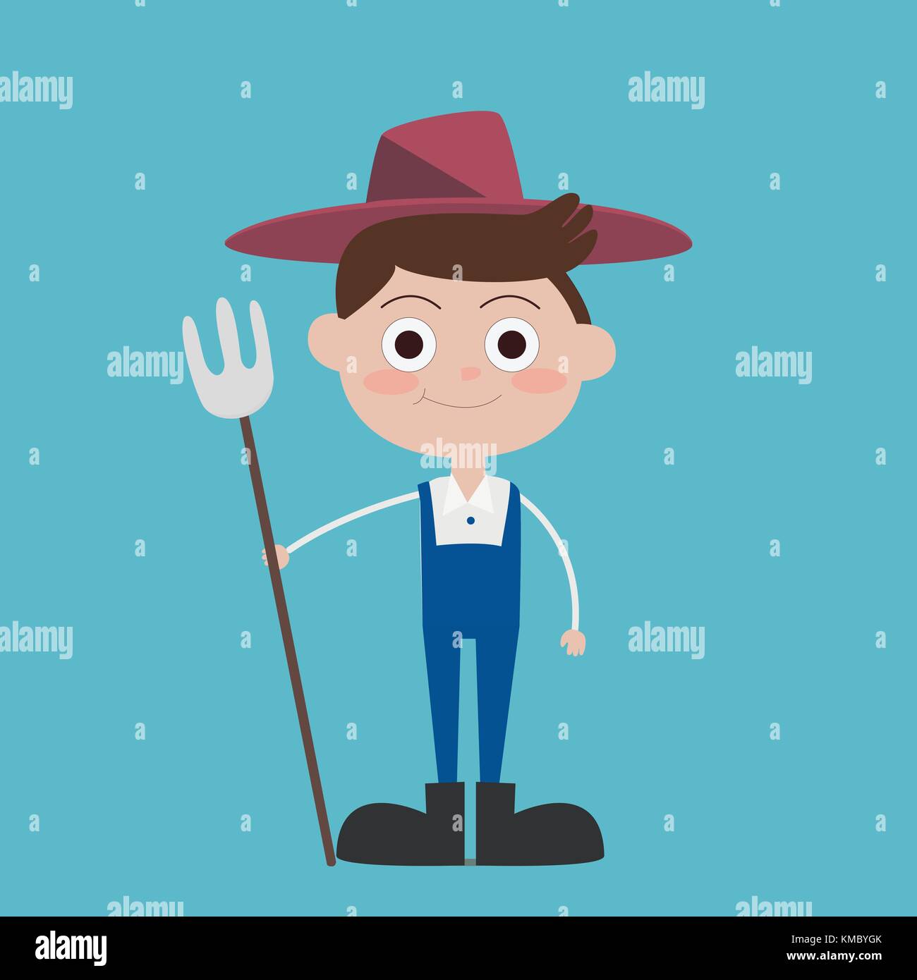 Cute Flat Farmer cartoon characters wear blue farmer dress and black boots.His right hand hold wood rake and head wear red straw hat Stock Vector