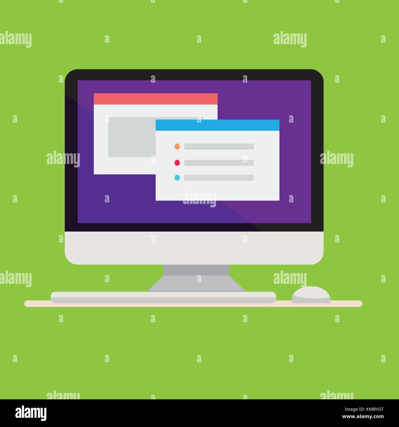 Flat computer design with keyboard and mouse, window tab on blue screen vector illustration. Stock Vector