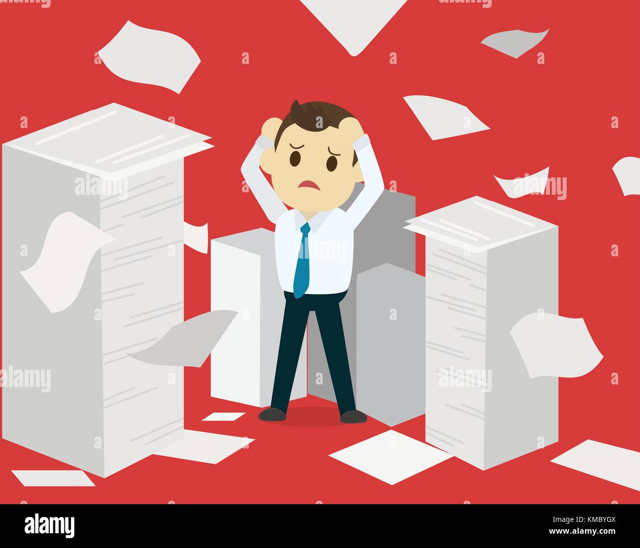 Businessman having a lot of paperwork.Young businessman surrounded by lots of papers. Business man standing in the heap of papers. Vector flat design  Stock Vector