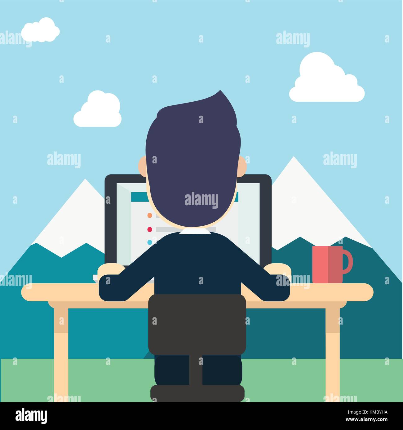 Businessman in back wear suite work around nature with tab work screen on computer ,laptop and red cup on table vector illustration man work in nature Stock Vector