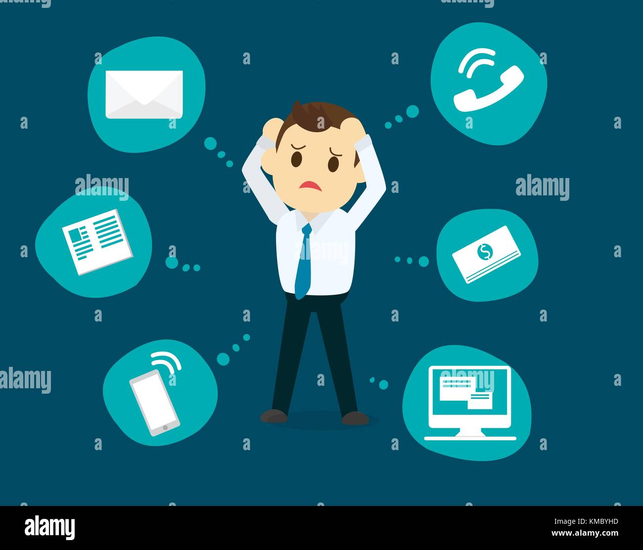 Businessman stress pressure, business mental issues, concept vector icons with pictogram computer,money,news,telephone call,e-mail. Stock Vector