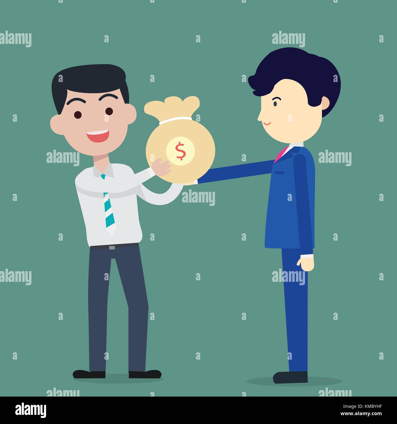 Business man blue suite bring bag of money to Employees white suite vector illustration, bank loan cash giving, credit packet, salary payment Stock Vector
