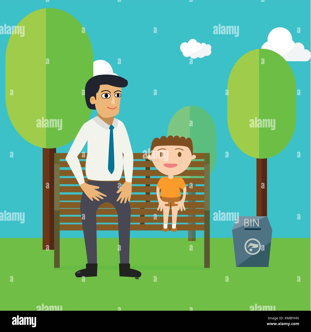 Family day with father and son cartoon characters relax in park.They sit on wooden public chairs and blue bin side with tree,clouds and sky Stock Vector