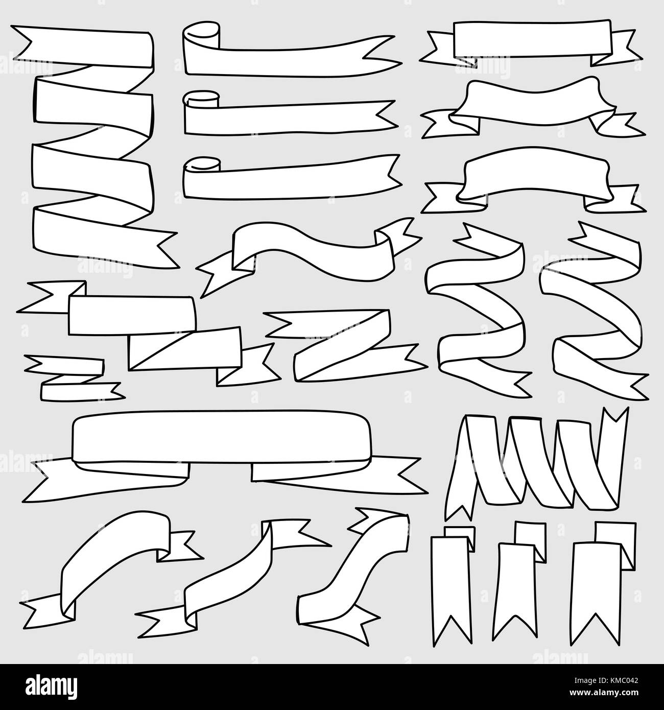 Set Of Hand Drawn Ribbon Banner. Handmade Vector Illustration Stock