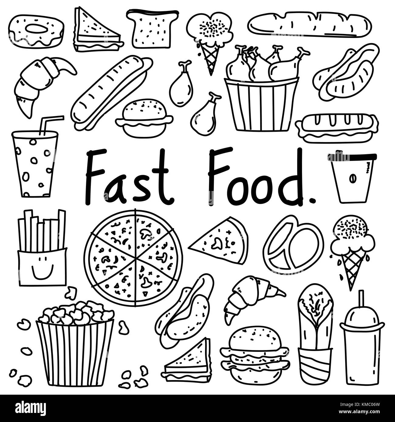 Line Hand Drawn Doodle Vector Fast Food Set. Stock Vector