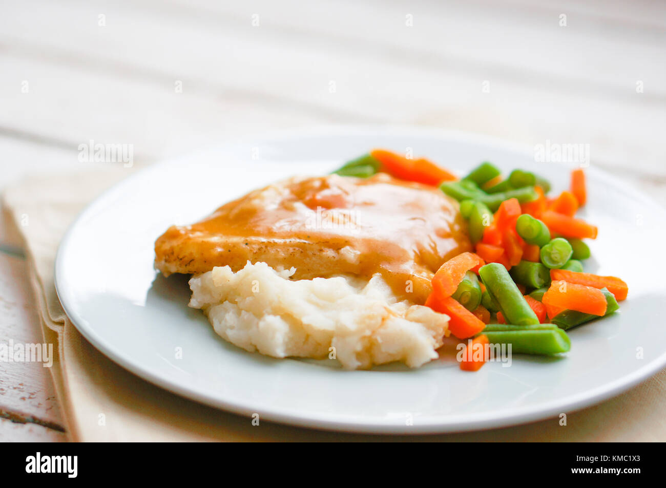 Oven Baked Chicken In Gravy With Mashed Potatoes And Vegetables On