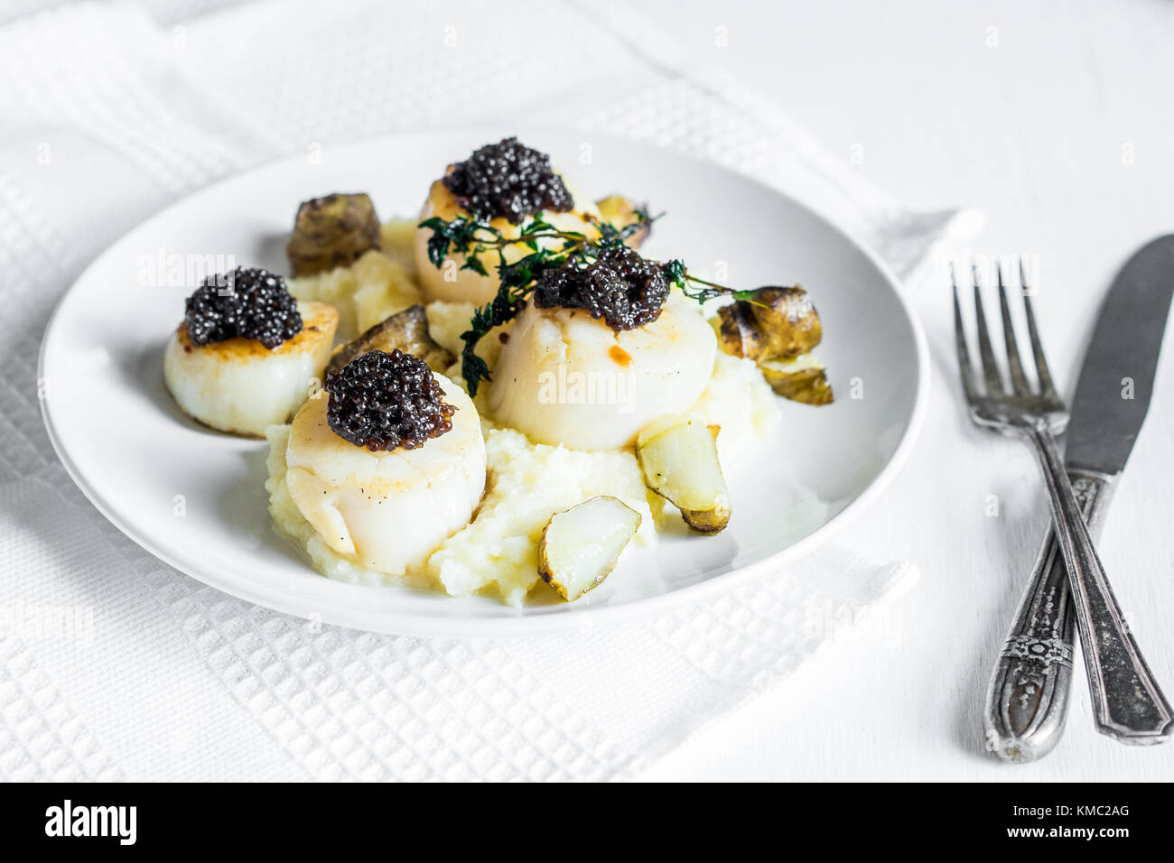 Scallops with black caviar Stock Photo Alamy