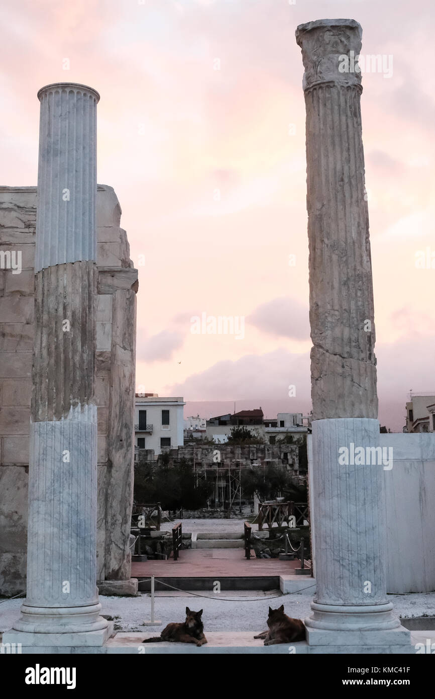 Marble columns stand at the entrance to Hadrian's Library, created by Roman Emperor Hadrian in AD 132 on the north side of the Acropolis of Athens, ad Stock Photo