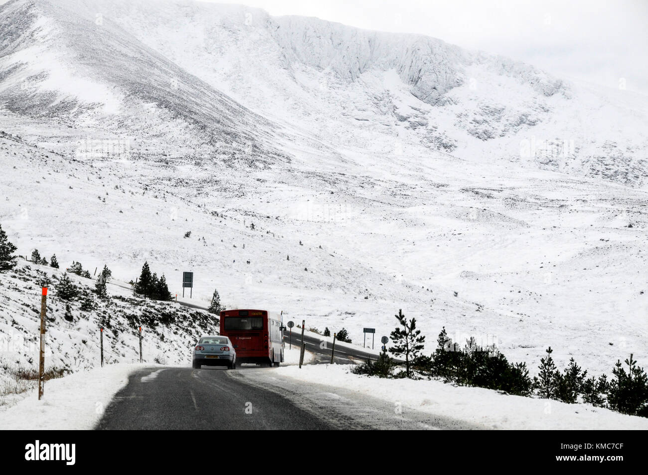 The first snow fall in autumn in the Cairgorms National park near the ski town of Aviemore since 1981 Stock Photo