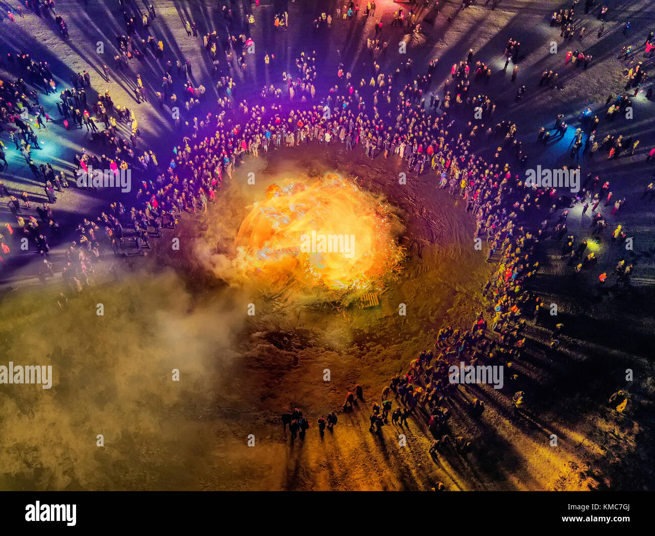 New Year´s Eve Celebration. Bonfires and fireworks on New Year´s is an annual event, Reykjavik, Iceland. This image is shot with a drone. Stock Photo