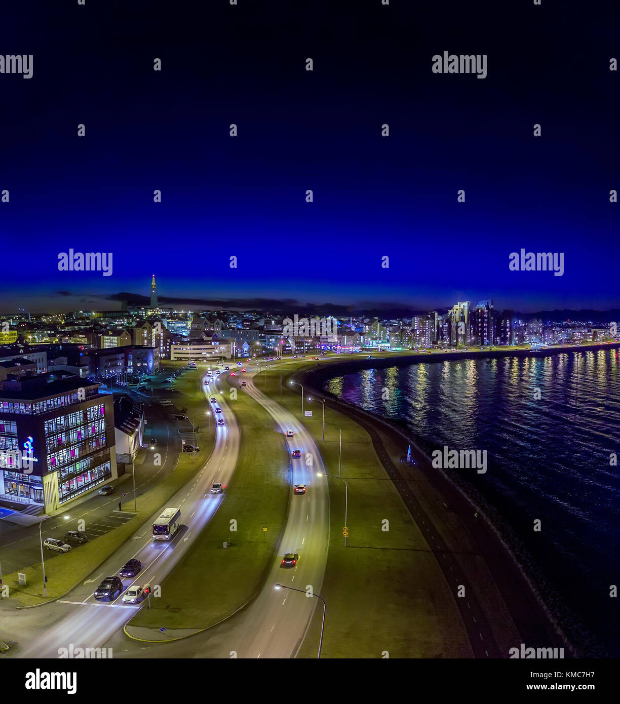 Evening, Reykjavik, Iceland. This image is shot using a drone. Stock Photo