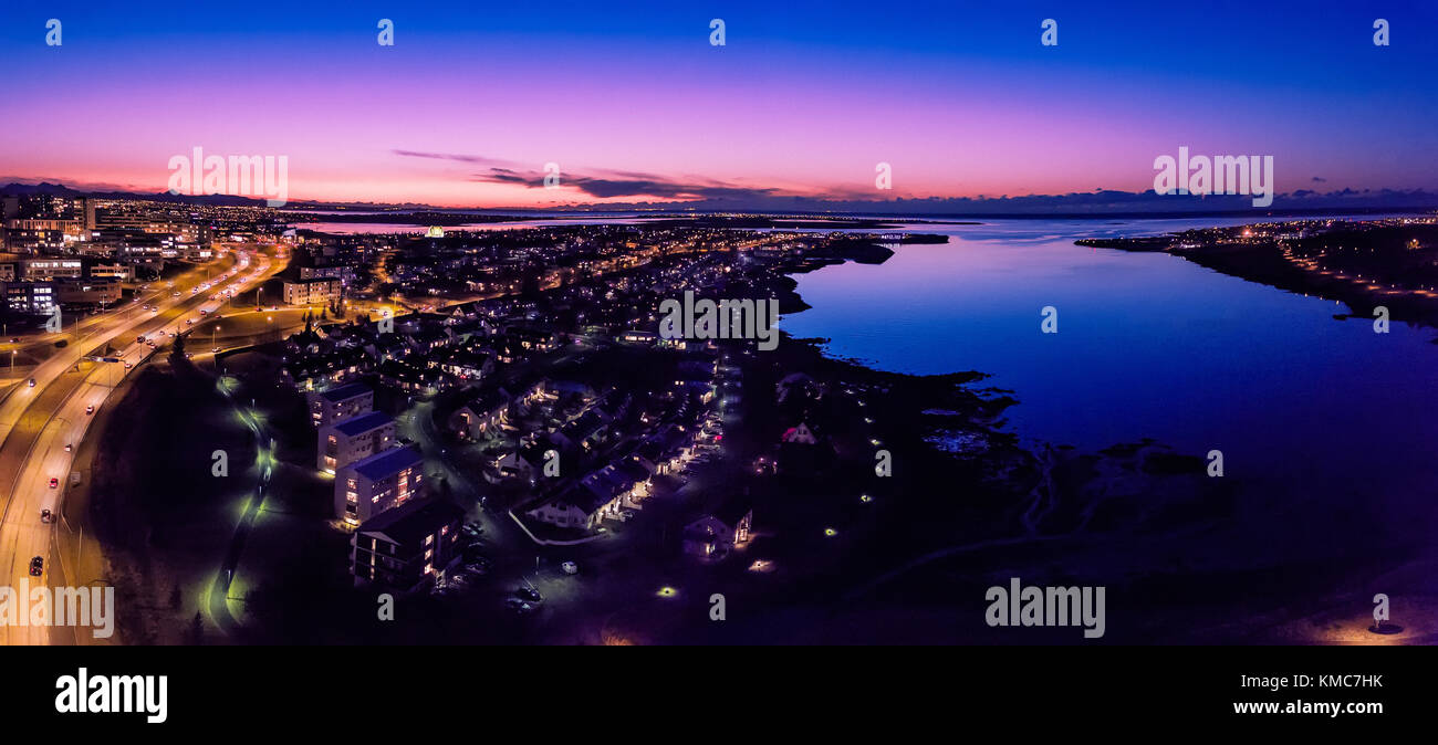Evening, Reykjavik, Iceland. This image is shot using a drone. Stock Photo