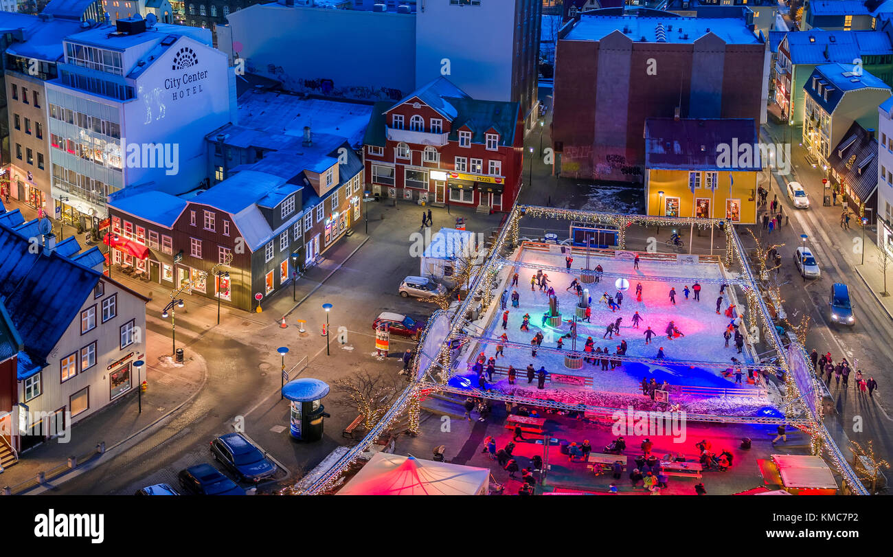 Ice Skating Rink, Winter, Reykjavik, Iceland. This image is shot using a drone. Stock Photo
