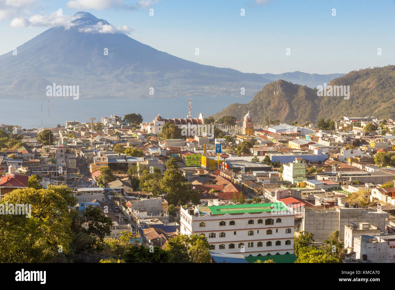 View from a lookout over the town Sololá, Lake Atitlán and the Atitlán volcano | Sololá | Guatemala Stock Photo