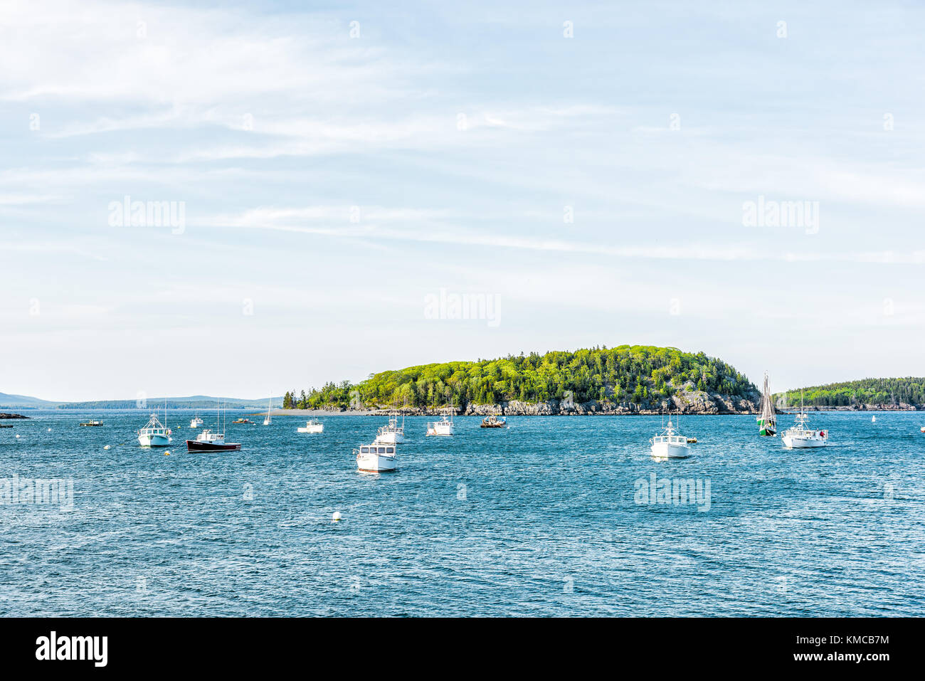 Bar Harbor, USA June 8, 2017 Sunset in Bar Harbor, Maine village with empty sailing boats
