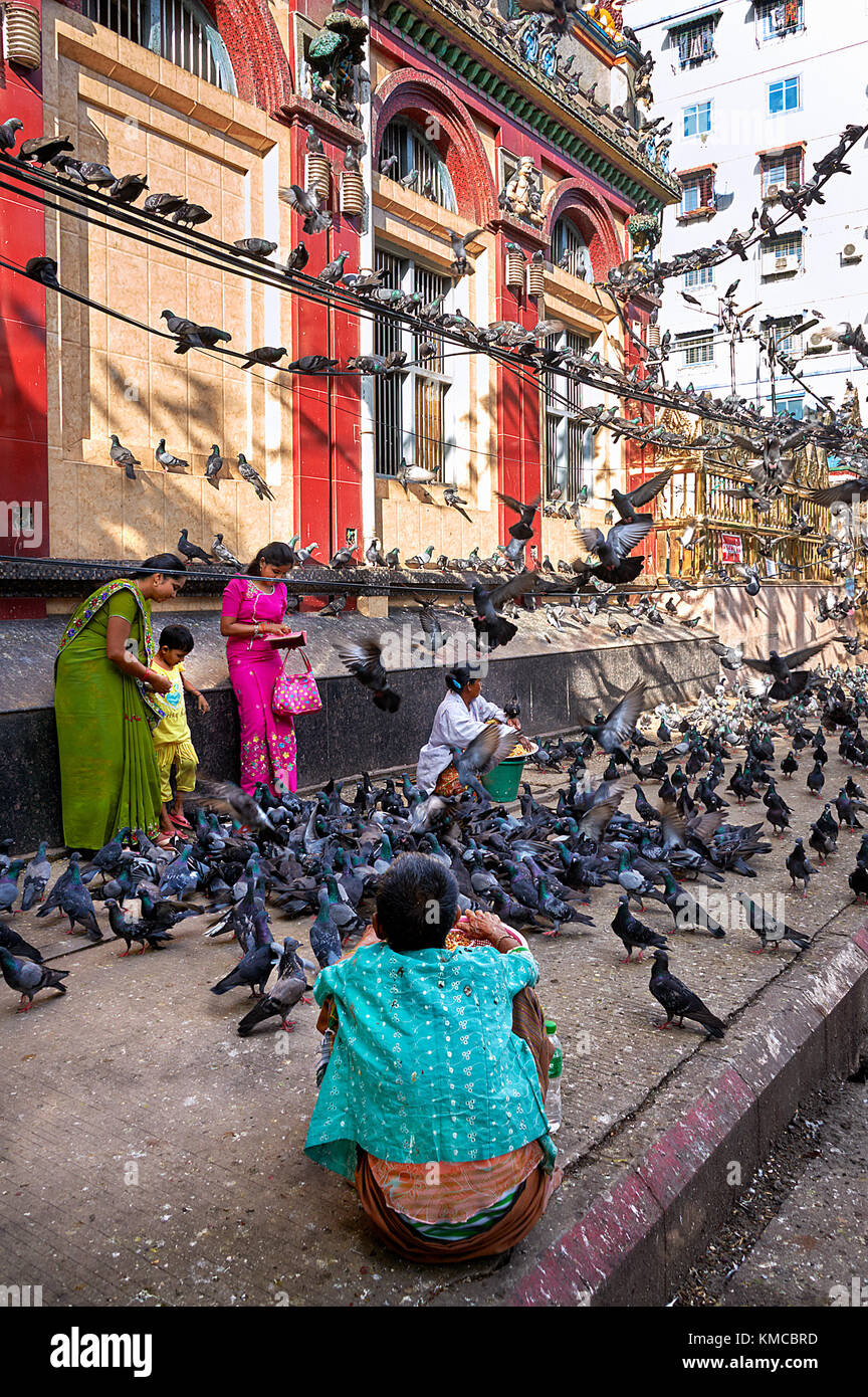 Yangon, Myanmar - 21 October, 2017: Indian passerby family surrounded by hundreds of pigeons. Two street vendors are waiting to sell them pigeon food. Stock Photo