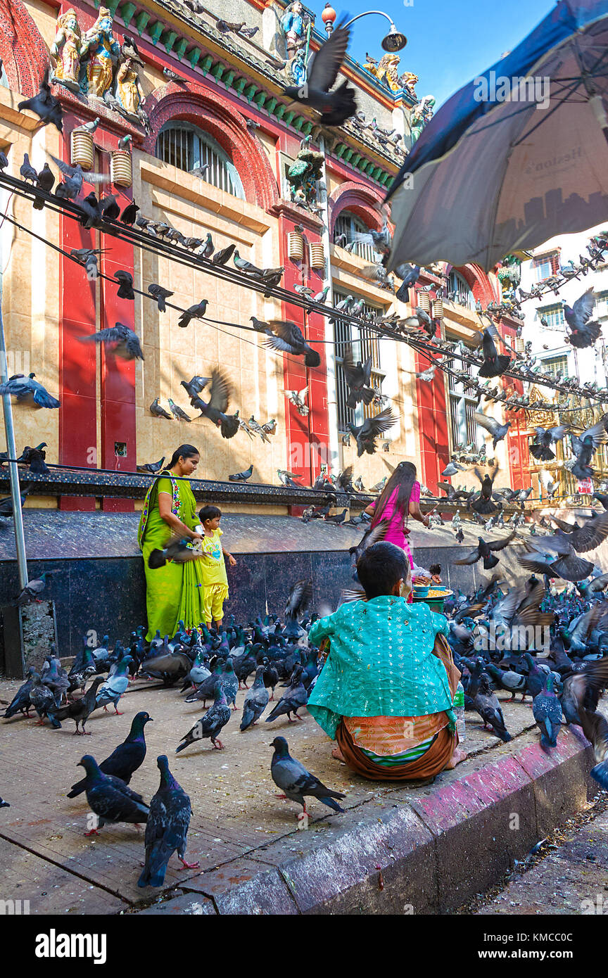 Yangon, Myanmar - 21 October, 2017: Indian passerby family surrounded by hundreds of pigeons. Two street vendors are waiting to sell them pigeon food. Stock Photo
