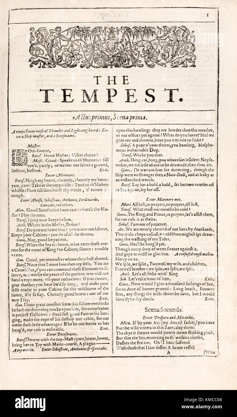 ‘The Tempest’ by William Shakespeare (1564-1616), first page from ‘Mr. William Shakespeares comedies, histories, & tragedies’ published in 1623. Stock Photo