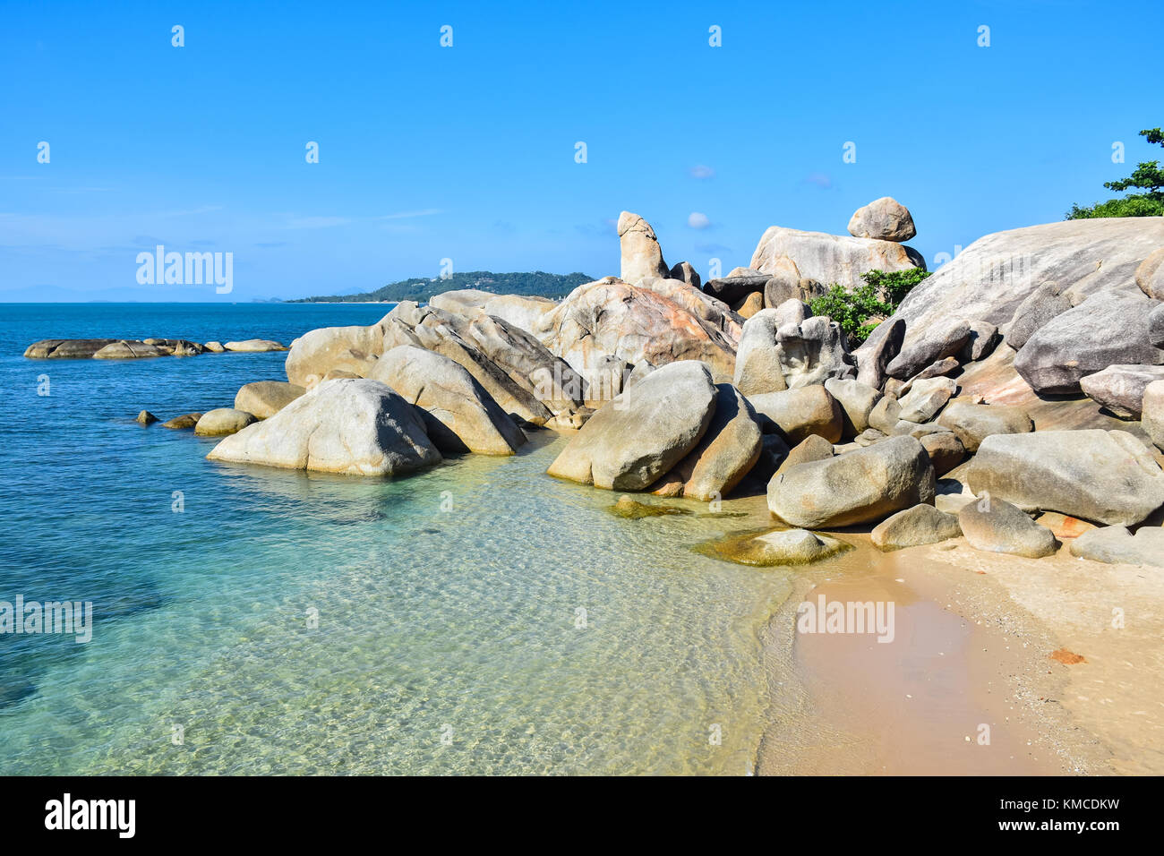 Rocky seashore beach Hin Ta Hin Yai, famous landmark at Samui island, Thailand Stock Photo