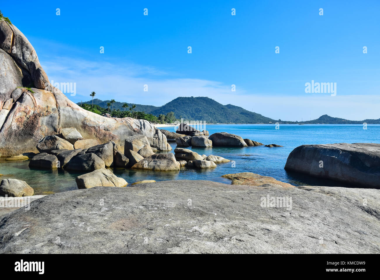 Rocky seashore beach Hin Ta Hin Yai, famous landmark at Samui island, Thailand Stock Photo