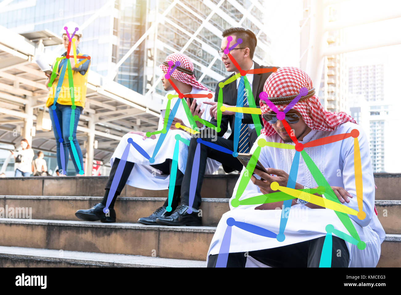 Machine Learning analytics identify behavior recognition technology , Artificial intelligence concept. Software ui analytics and recognition people in Stock Photo