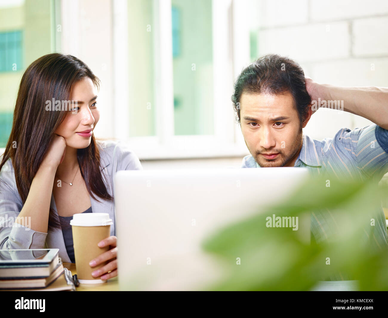 two young asian business colleagues coworkers teammates working together in office analyzing report using laptop computer. Stock Photo