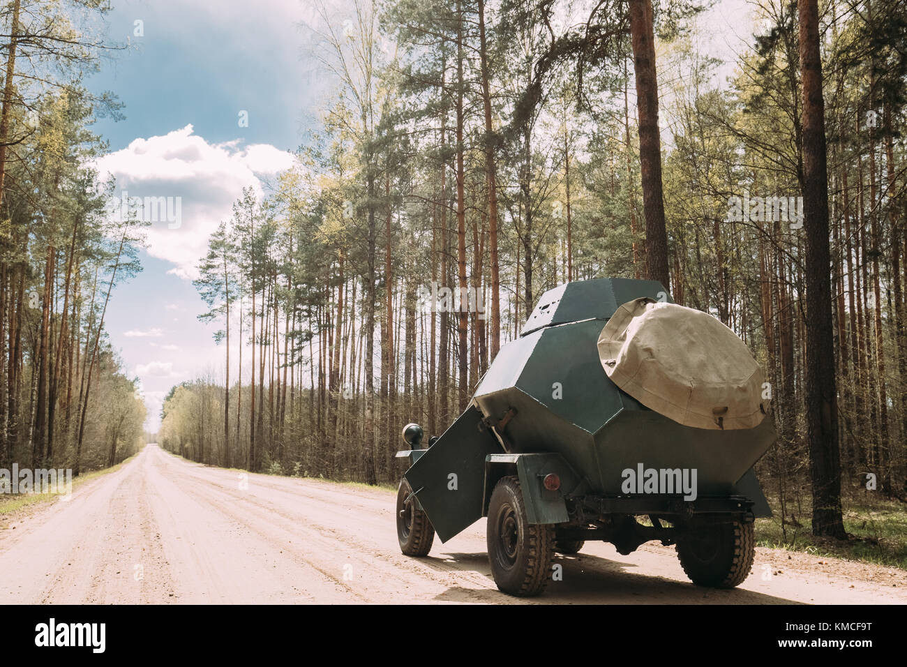 Russian Armored Soviet Scout Car BA-64 Of World War II Parking In Forest Road. Stock Photo