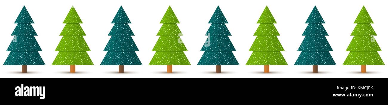 Vector simple geometric coniferous trees with snow in a row. Decorative Christmas border isolated on white background. Seamless horizontal pattern. Stock Vector
