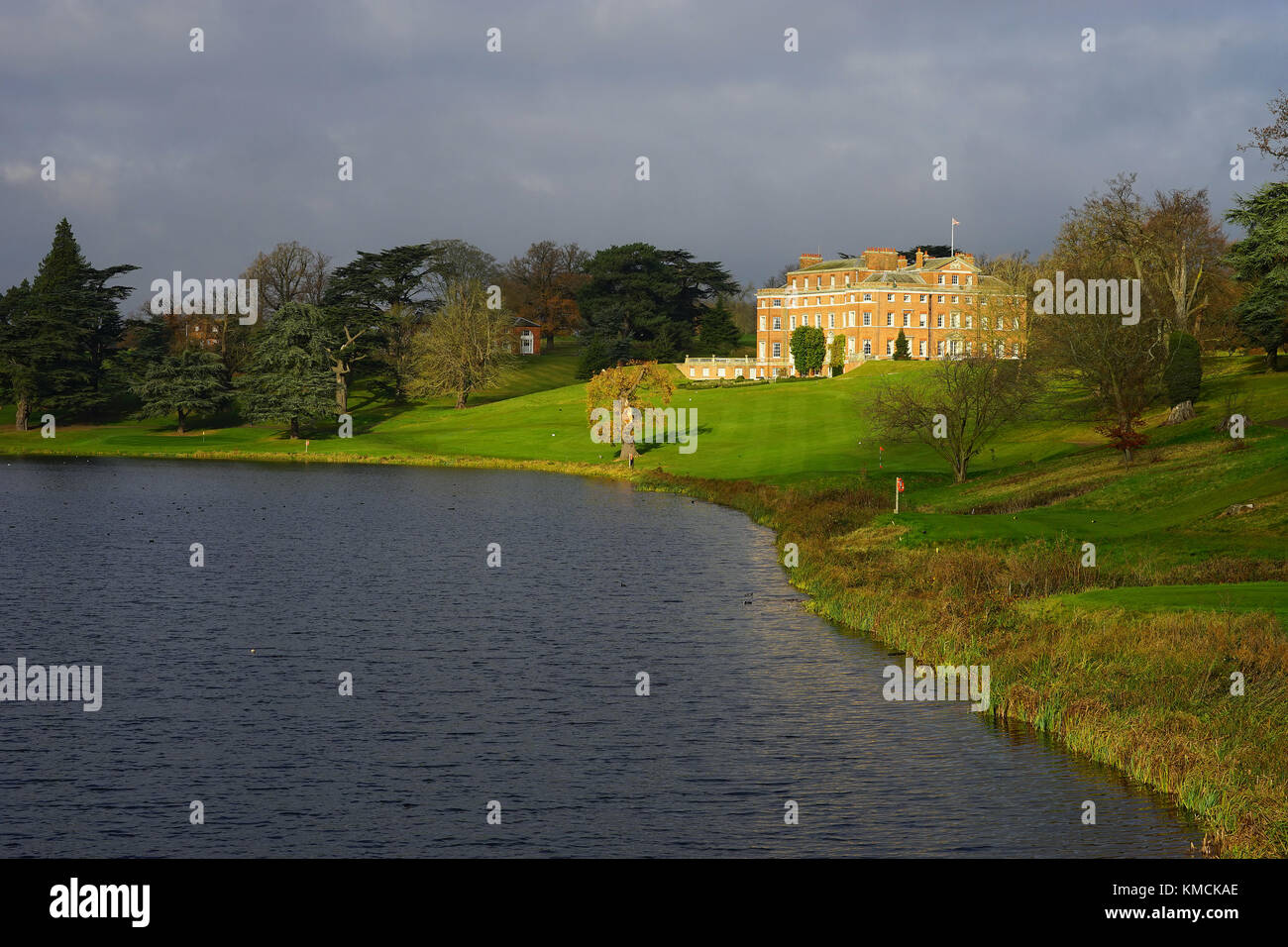 Brocket Hall viewed across the River Lea from the Palladian Bridge Stock Photo