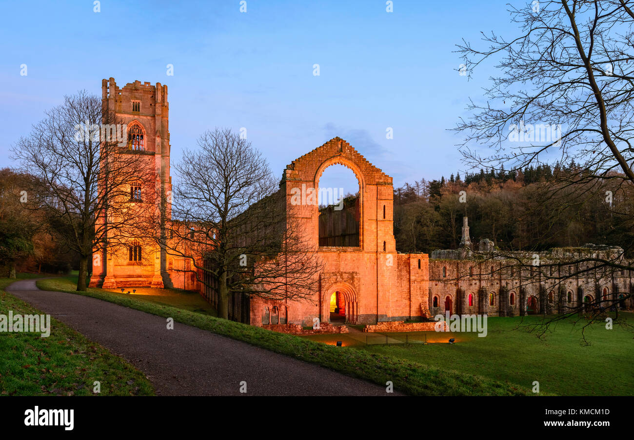 The ruins of Fountains Abbey lit up on a fine autumn evening with