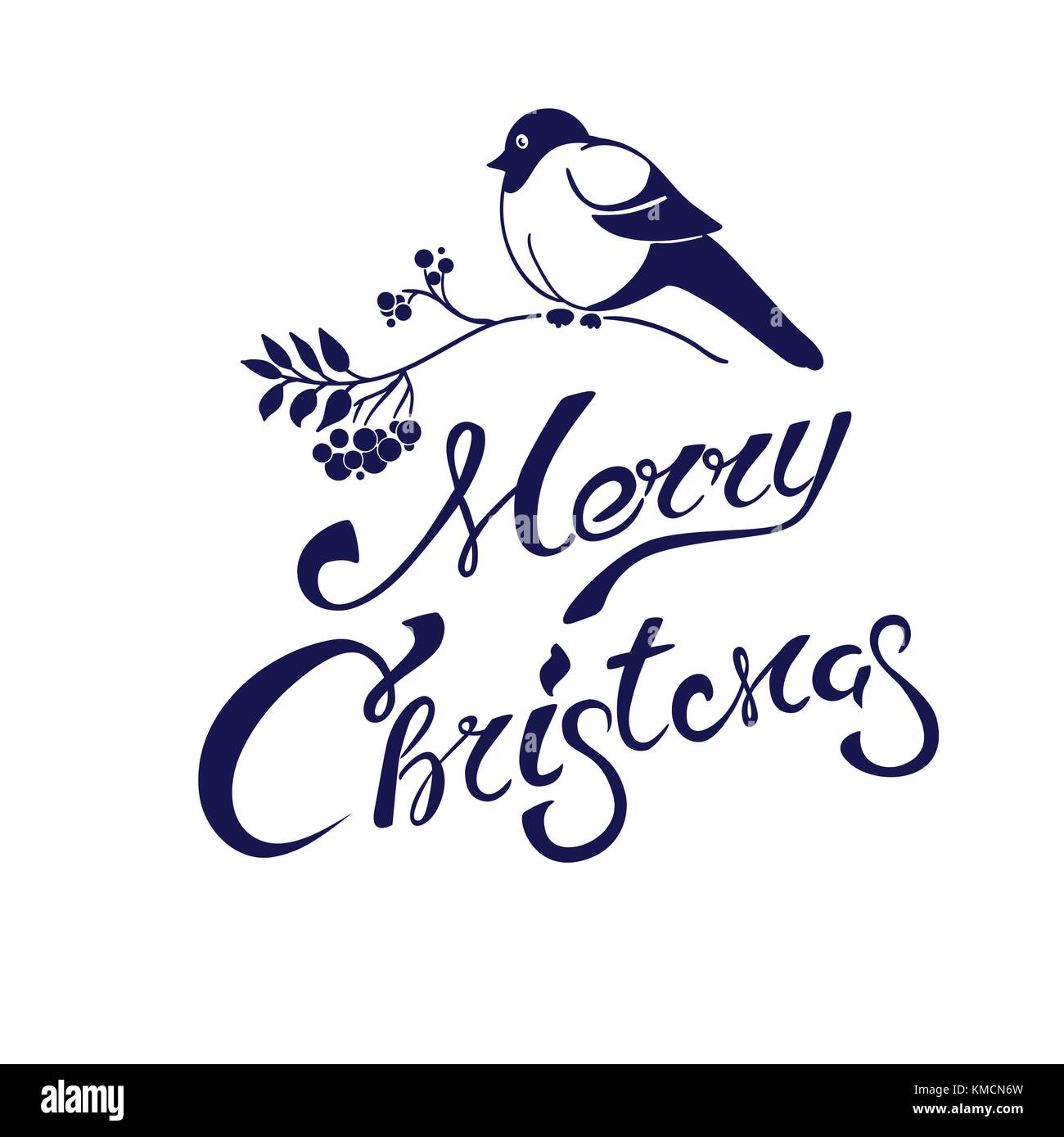 Merry Christmas lettering on a card with bullfinch and rowan branch Stock Vector