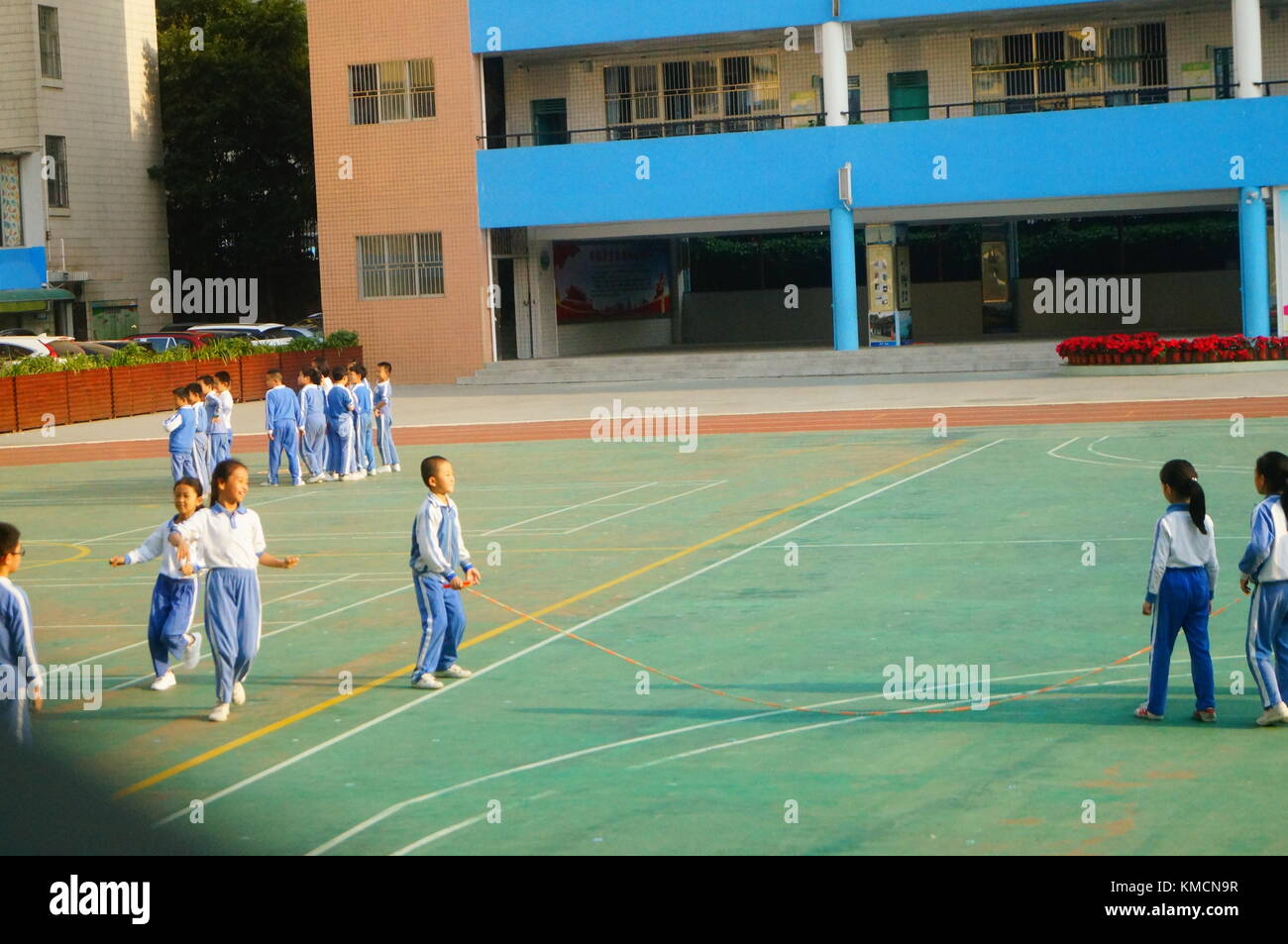 In the primary school playground, primary school students are taking