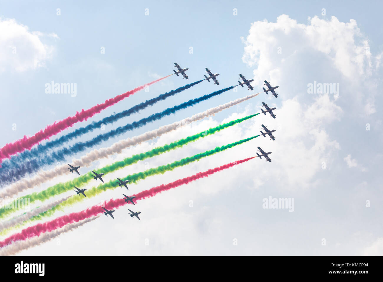 Fursan Al Amarat (UAE flight performance squadron) in the air during a flight on a summer day. Dubai, UAE. Stock Photo